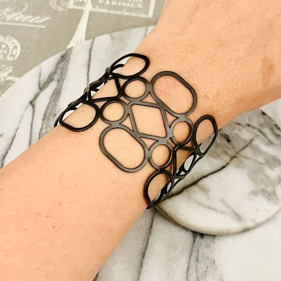 Abstract Metal Cuff Bracelet Black Gunmetal Openwork Design Wide Bangle - Picture 3 of 5